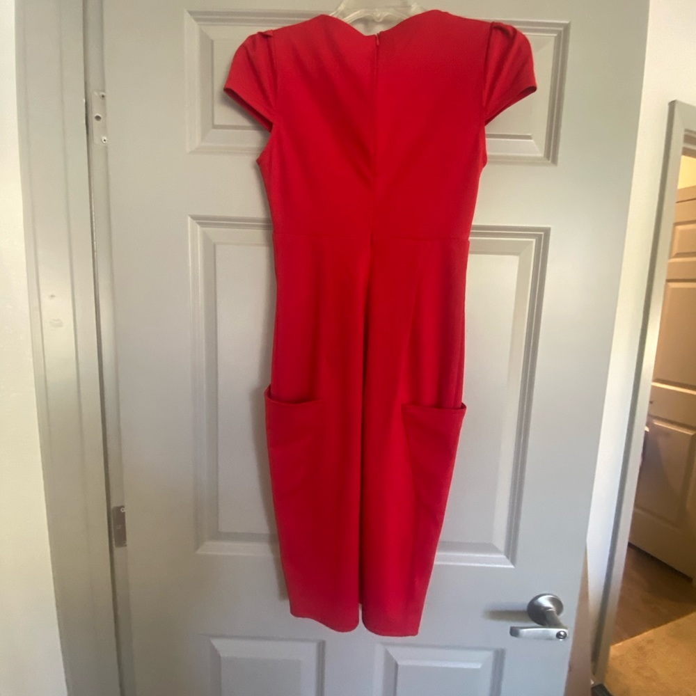 Low cut red midi dress with cap sleeves